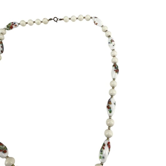 Vintage Floral Ceramic Bead Necklace With White Round Beads Metal Clasp - Picture 6 of 9